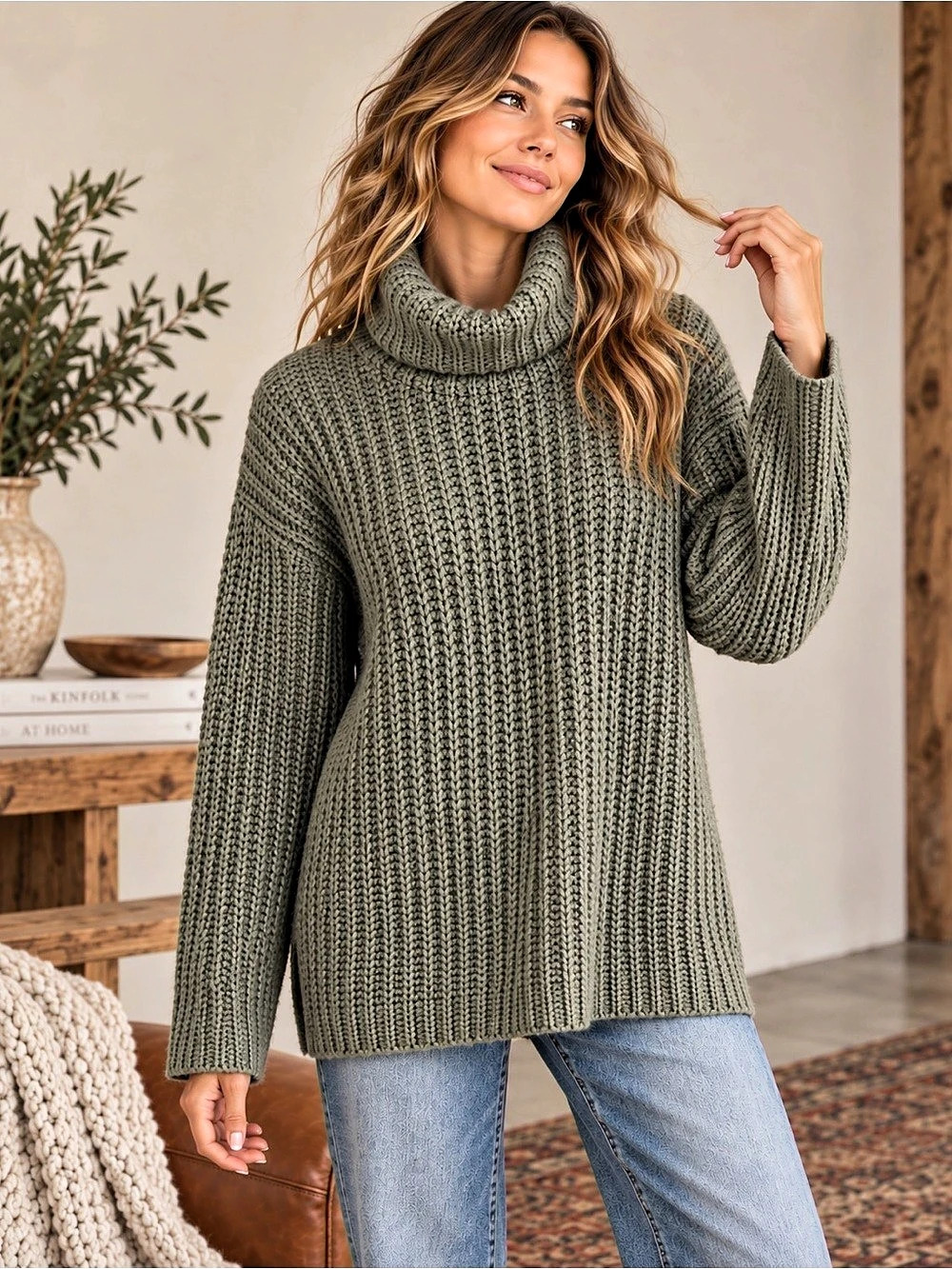 Banana Republic Vintage 100% Merino Wool Olive Green Chunky Turtleneck Sweater